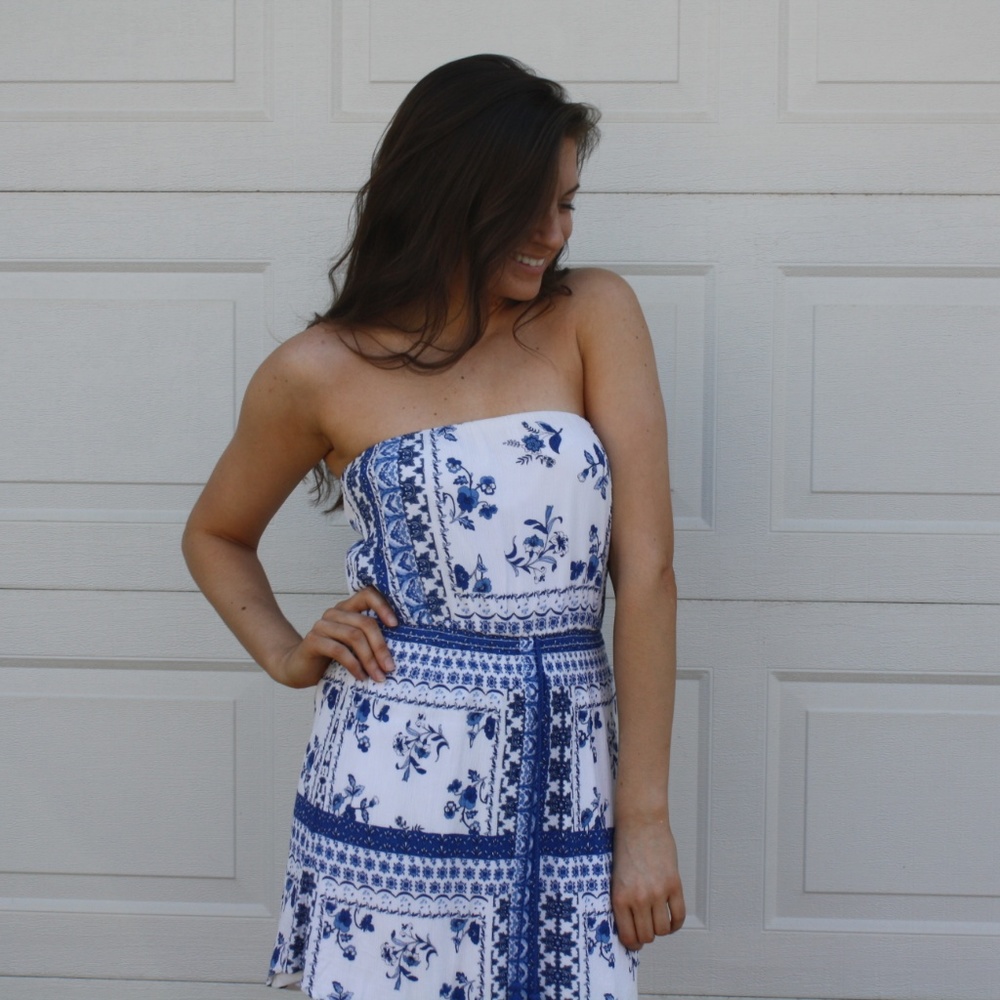 Strapless Printed Summer Dress with Tassel Ties